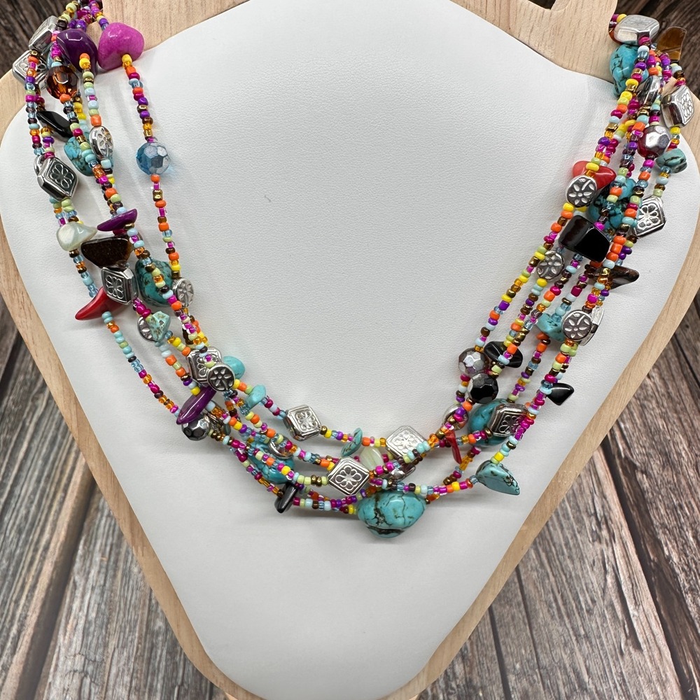 Boho Multi Strand Turquoise Seed Bead Statement Necklace Colorful Vintage Gift